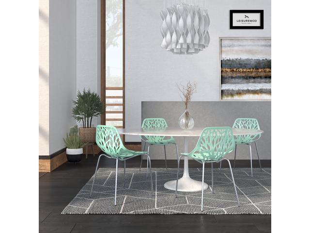 LeisureMod Asbury Modern Tree-Design Dining Chair With Chromed Legs in Mint Set of 4