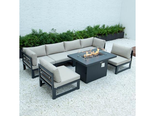 LeisureMod Chelsea 7-Piece Modern Outdoor Patio Sectional Sofa Set With Propane Fire Pit Table with Black Aluminum Frame and Removable Cushions in.