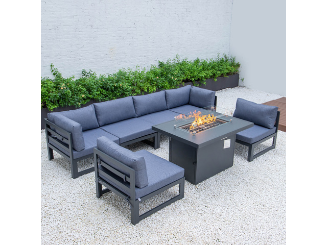 LeisureMod Chelsea 7-Piece Modern Outdoor Patio Sectional Sofa Set With Propane Fire Pit Table with Black Aluminum Frame and Removable Cushions in...