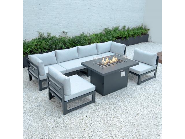 LeisureMod Chelsea 7-Piece Modern Outdoor Patio Sectional Sofa Set With Propane Fire Pit Table with Black Aluminum Frame and Removable Cushions in.