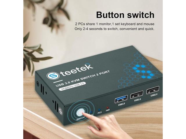 Zell Kvm Switch Usb 3.0, 2 In 1 Out 4K@60Hz Kvm Switch, For 2 Computers Share 1 Monitor 1 Set Keyboard Mouse Usb 3.0 Kvm Switch, Button Switching,...