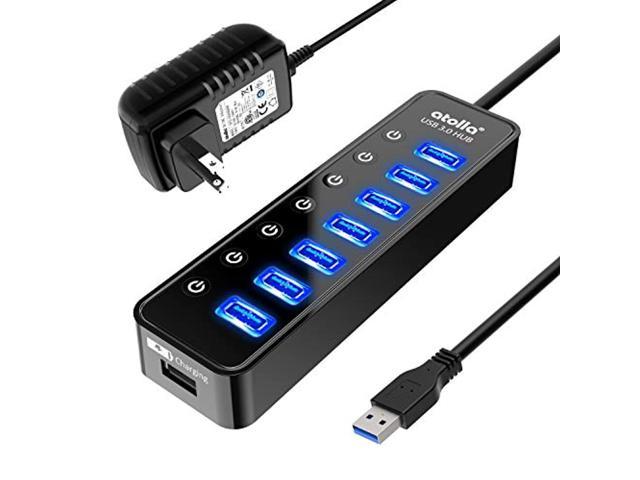 powered usb hub 3.0, atolla 7-port usb data hub splitter with one smart charging port and individual on/off switches and 5v/4a power adapter usb.