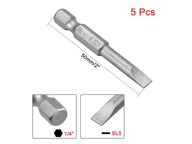 5Pcs 1/4' Hex Shank 50mm Length Magnetic SL5 Slot Head Screwdriver Bits S2 Alloy Steel