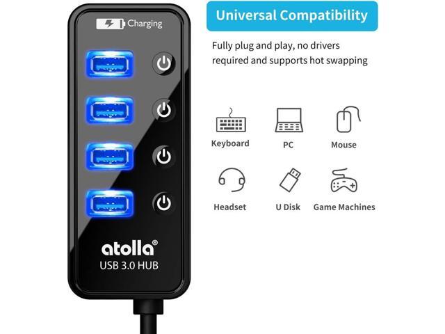 Atolla 4-Port USB 3.0 Hub with 4 Data Ports, 1 Smart Charging Port, Individual On/Off Switches and 5V/3A Adapter