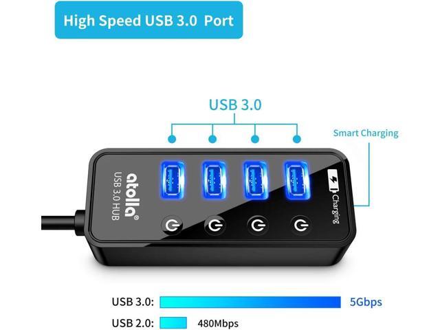 Atolla 4-Port USB 3.0 Hub with 4 Data Ports, 1 Smart Charging Port, Individual On/Off Switches and 5V/3A Adapter