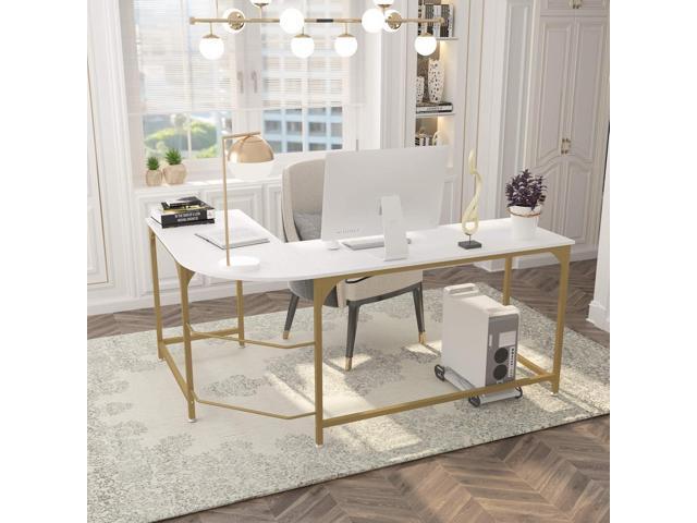 Teraves Reversible L Shaped Desk White - 57.9' Corner Gaming Computer Desk, Office Workstation Modern Home Study Writing Wooden Table