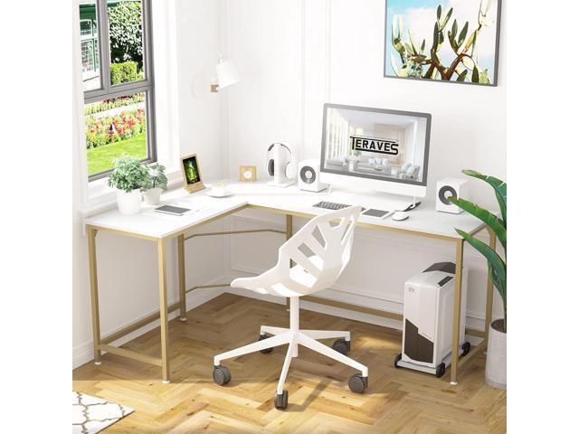 Teraves Reversible L Shaped Desk White - 57.9' Corner Gaming Computer Desk, Office Workstation Modern Home Study Writing Wooden Table