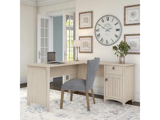 Bush Furniture Salinas L Shaped Desk with Storage in Antique White Modern Farmhouse Corner Table with Drawers and Cabinets for Home Office