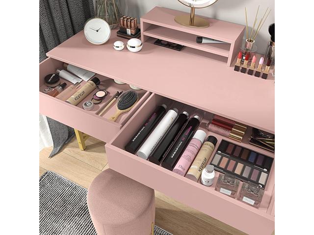 WESTREE Women Makeup Vanity Desk with 2 Drawers - Bedroom Home Office Desk, Wooden Height Monitor Stand & Storage Shelf Without Mirror, Pink Table...