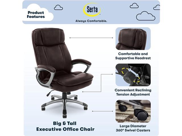 Serta Big & Tall Executive Office Chair High Back All Day Comfort Ergonomic Lumbar Support, Bonded Leather, Brown