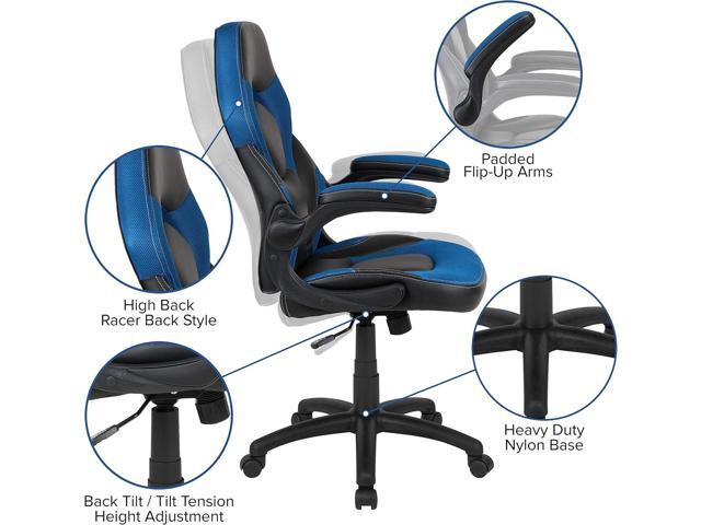 Flash Furniture X10 High-Back LeatherSoft Racing Style Gaming Chair with Flip-Up Arms, Ergonomic Padded Swivel Computer Chair, Blue/Black