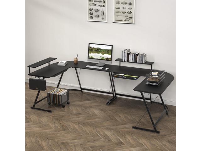 SHW Vista L-Shape Desk with Monitor Stand, Black