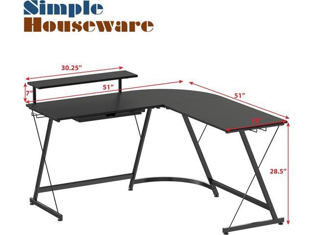 SHW Vista L-Shape Desk with Monitor Stand, Black
