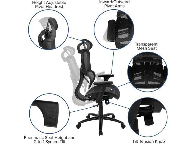 Flash Furniture LO Ergonomic Mesh Office Chair with 2-to-1 Synchro-Tilt, Adjustable Headrest, Lumbar Support, and Adjustable Pivot Arms in Black