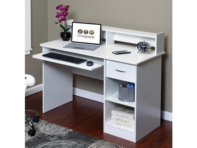 OneSpace Essential Computer Desk, Hutch with Pull-Out Keyboard, White