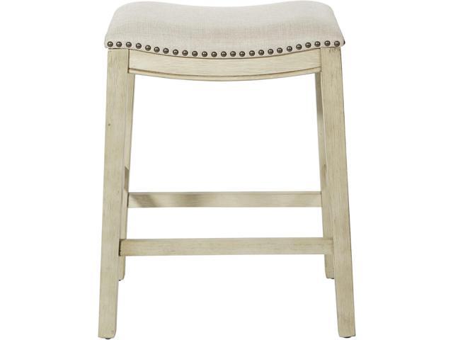 OSP Home Furnishings Metro 24-inch Counter Height Saddle Stool with Nailhead Trim 2-Pack, Antique White Base with Beige Fabric