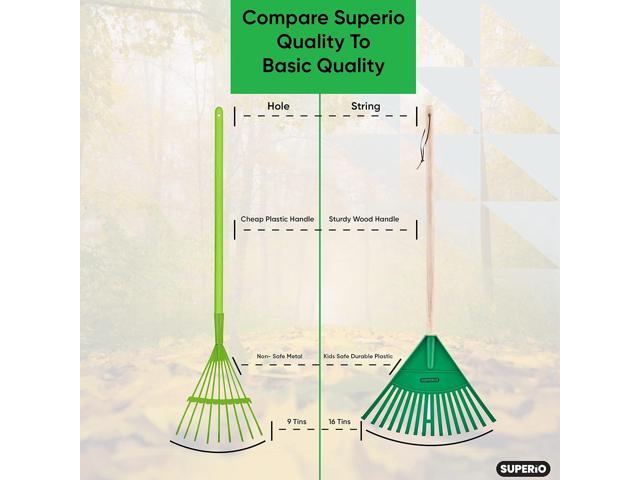 Superio Kids Rake with Hardwood Handle, Gardening and Lawn Care Tools for Kids, Sweep Leaves and Tidying Up The Garden, Plastic Tines and Heavy...