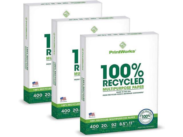 PrintWorks 100% Recycled Printer Paper 8.5' x 11' White - 20 lb Copy & Multipurpose Computer Paper - 3 Packs, 1200 Sheets - Made in the USA - 92.