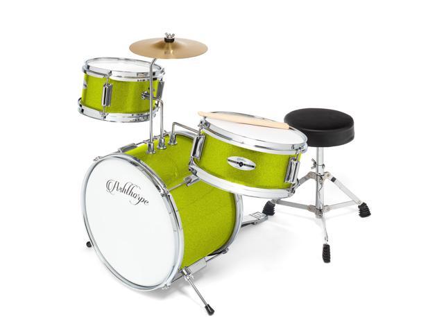 Ashthorpe 3-Piece Complete Drum Set - Beginner Kit with 14' Bass, Adjustable Throne, Cymbal, Pedal & Drumsticks - Green
