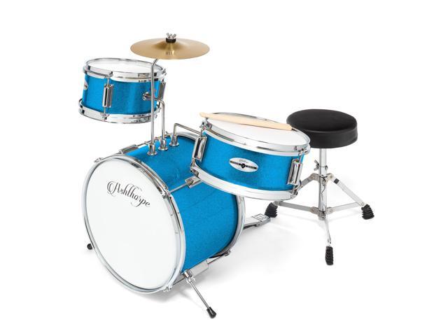 Ashthorpe 3-Piece Complete Kids Drum Set - Beginner Kit with 14' Bass, Adjustable Throne, Cymbal, Pedal & Drumsticks - Blue