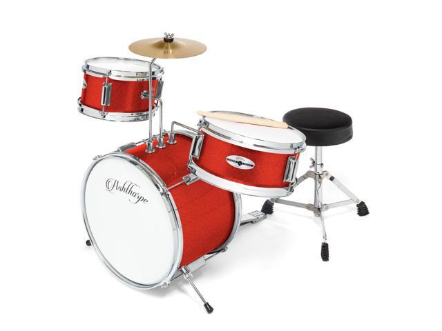 Ashthorpe 3-Piece Complete Kids Drum Set - Beginner Kit with 14' Bass, Adjustable Throne, Cymbal, Pedal & Drumsticks - Red