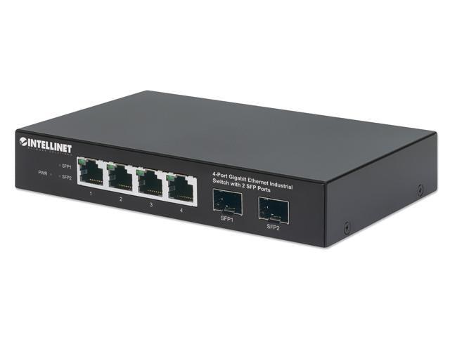 Intellinet Industrial 4-Port Gigabit Ethernet Switch with 2 SFP Ports, IP40-Rated Metal Housing, DIN-Rail Mount