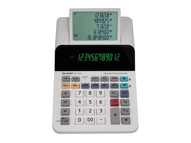 Sharp El-1501 Compact Cordless Paperless Large 12-Digit Display Desktop Printing Calculator That Utilizes Printing Calculator Logic