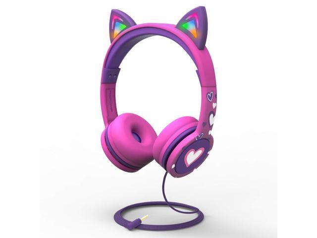 FosPower Kids Headphones with LED Light Up Cat Ears 3.5mm On Ear Audio Headphones for Kids with Laced Tangle Free Cable (Max 85dB) - Hot Pink/Purple