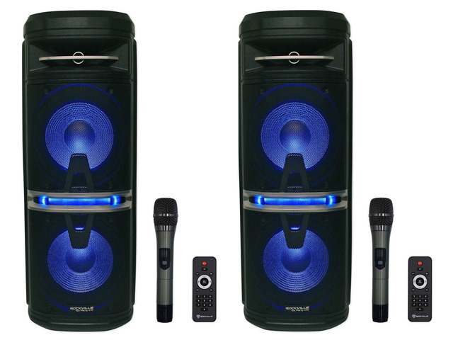 2 Rockville Go Party X10 Dual 10' Wireless Linking Bluetooth Party Speakers+Mics
