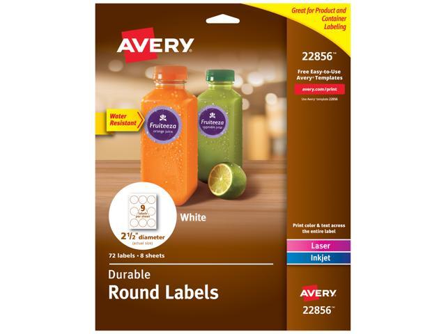 Avery Printable Waterproof Round Labels with Sure Feed, 2.5' Diameter, White, 72 Customizable Labels (22856)