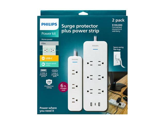 Philips 6-Outlet & 3-Outlet Surge Protector 2 USB-A 1 USB-C, 6' White, 2 pk.