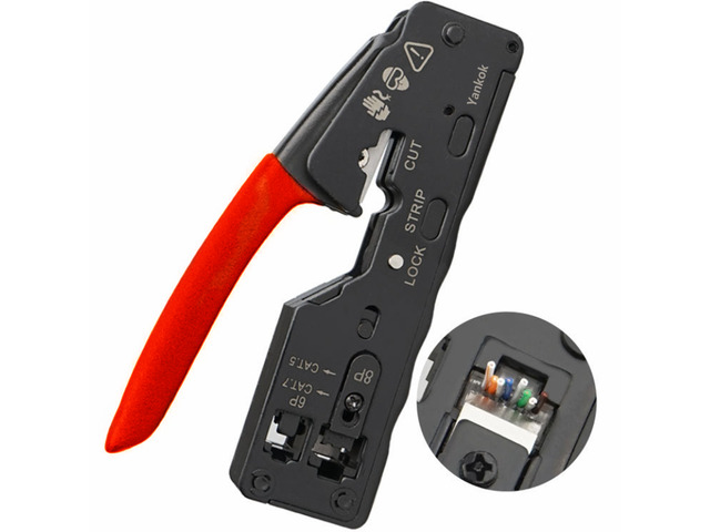 Yankok [The Ultimate Pass Thru Crimper] Crimps RJ45 Pass Through RJ12 RJ11 Regular Network Connector and Strip Cut CAT5/5e CAT6/6a CAT7 Unshielded...
