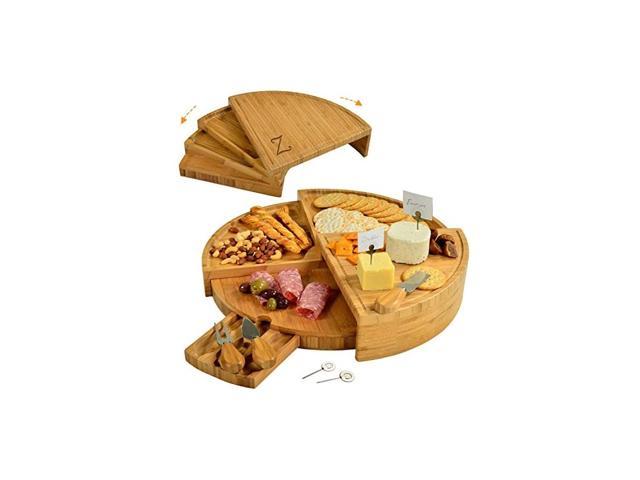 Patented Personalized Monogrammed Engraved Bamboo Cutting Board for Cheese & Charcuterie with Knives & Cheese Markers - Stores as a Compact Wedge. photo