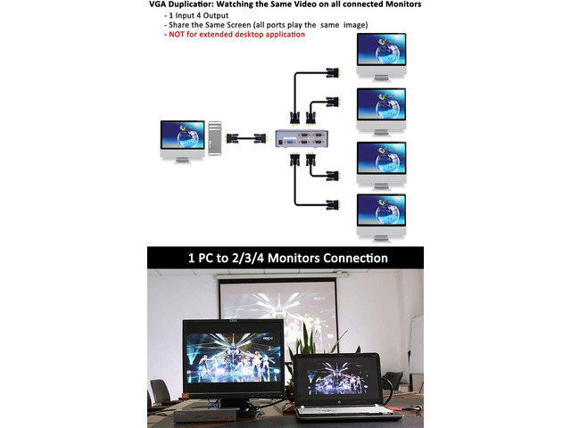 DTECH Powered 4 Port VGA Splitter Box Video Distribution Duplicator for 1 PC to Multiple Monitors Projector