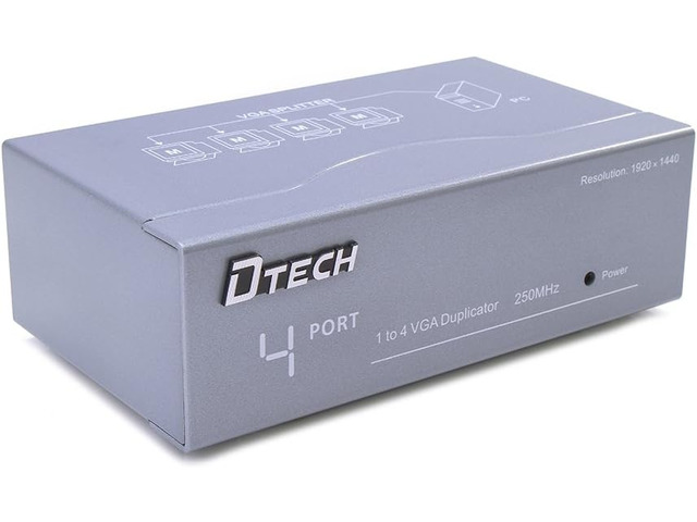 DTECH Powered 4 Port VGA Splitter Box Video Distribution Duplicator for 1 PC to Multiple Monitors Projector