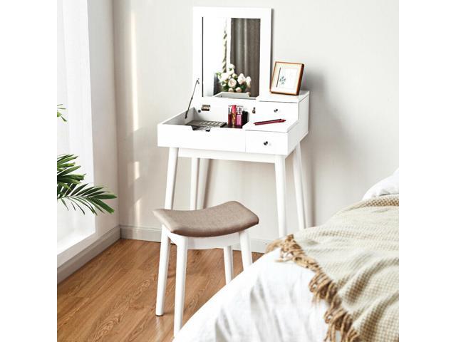 Costway Vanity Dressing Table Flip Desk Furniture Stool 2 White