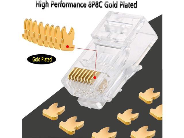 PETECHTOOL RJ45 Shielded Cat5 CAT6 Connector 8P8C End Pass Through Plugs Gold Plated (50 Packs)