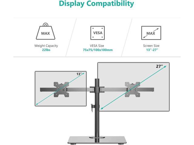 WALI Free Standing Dual Monitor Stand, Height Adjustable Monitor Mount with Glass Base, Fits LCD LED Flat Curved Screen up to 27 inch, 22lbs, with...