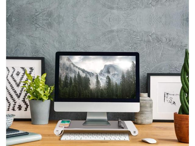 PG Desktop monitor stand with 4 USB charging ports - Convenient keyboard organiser and monitor raising stand for laptops, TVs, printers, fax...
