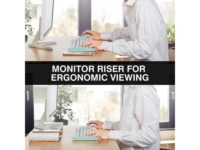 PG Desktop monitor stand with 4 USB charging ports - Convenient keyboard organiser and monitor raising stand for laptops, TVs, printers, fax...