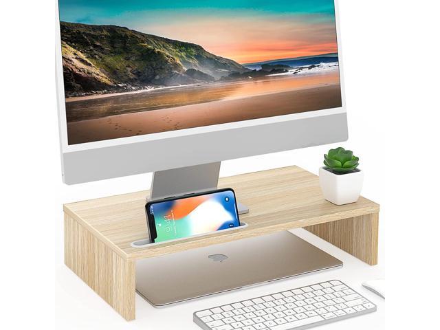 Wood Monitor Stand Riser with Phone Holder, Multi-Purpose Desktop Storage Organizer Shelf for PC Laptop Printer, Save Space, Oak