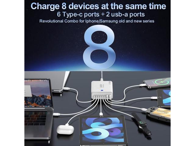 240W Fast Charging Blocks, 8-Port Charging Station for iPhone/Ipad/MacBook, 6C2A PD GaN Charger Box, USB Tower Hub 5ft Braided Power Cord with...
