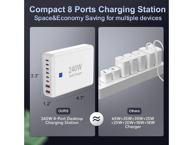 240W Fast Charging Blocks, 8-Port Charging Station for iPhone/Ipad/MacBook, 6C2A PD GaN Charger Box, USB Tower Hub 5ft Braided Power Cord with...