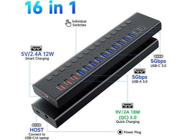 Powered USB 3.0 Hub, 16-Port USB C Hub Splitter (10 USB 3.0+2 QC 3.0+2 Smart Charging+2 USB-C 3.0) with Individual Switches, 12V 7.5A 90W UL...