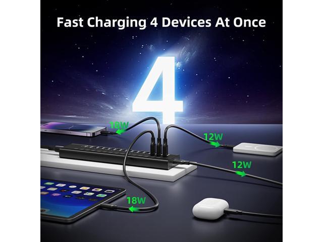 Powered USB 3.0 Hub, 16-Port USB C Hub Splitter (10 USB 3.0+2 QC 3.0+2 Smart Charging+2 USB-C 3.0) with Individual Switches, 12V 7.5A 90W UL...