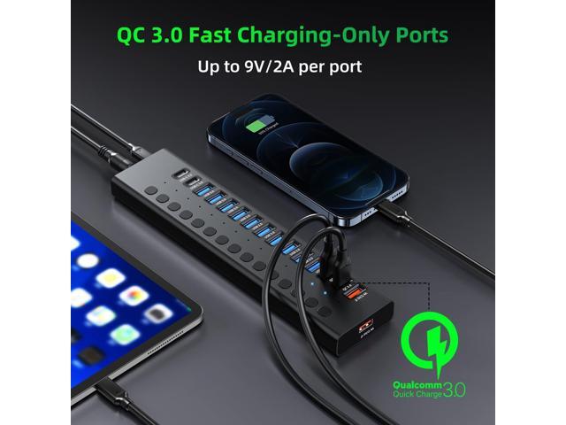 Powered USB 3.0 Hub, 16-Port USB C Hub Splitter (10 USB 3.0+2 QC 3.0+2 Smart Charging+2 USB-C 3.0) with Individual Switches, 12V 7.5A 90W UL...