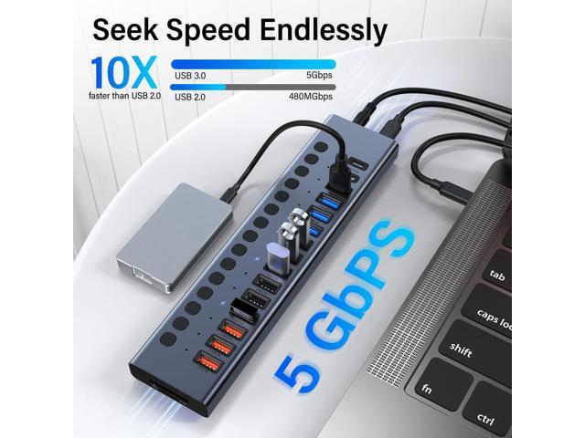 Powered USB Hub, VANGREE 17-Port 90W USB 3.0 Splitter (7 USB 3.0 Ports+3 Smart Charging Ports+3 USB 2.0 Ports+2 USB-C 3.0 Ports+SD/TF Card Reader),...