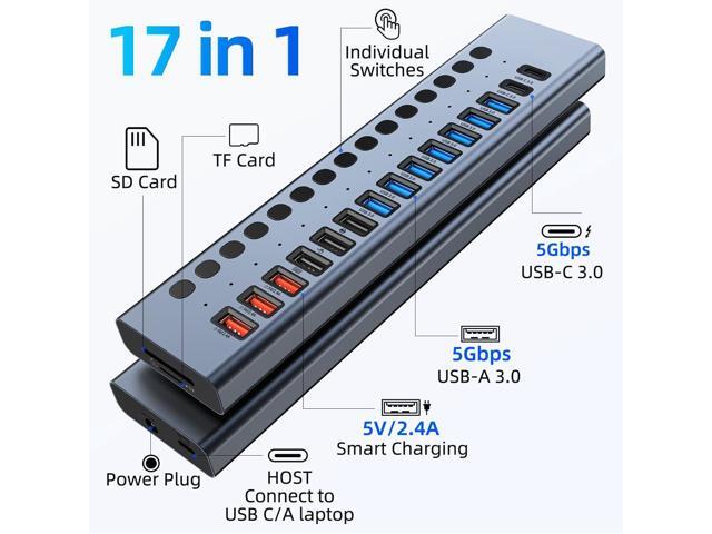 Powered USB Hub, VANGREE 17-Port 90W USB 3.0 Splitter (7 USB 3.0 Ports+3 Smart Charging Ports+3 USB 2.0 Ports+2 USB-C 3.0 Ports+SD/TF Card Reader),...