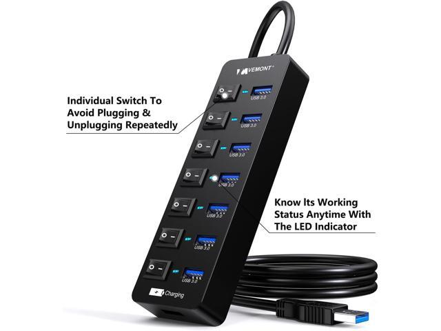 Powered USB Hub 3.0,VEMONT 7 Ports Multi USB hubs and 1 USB Smart Charging Port with 5V/3A Power Supply,USB Extension Splitter with Individual...