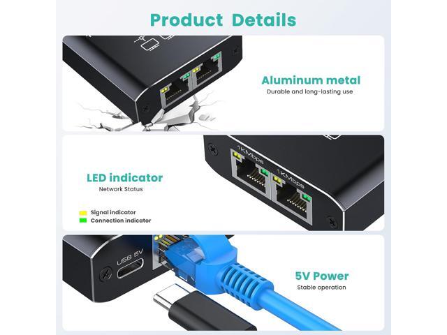 Ethernet Splitter 1 to 2 High Speed 1000Mbps, Gigabit RJ45 Internet Ethernet Switch, Network LAN Splitter with USB Power Cable for Cat 5/5e/6/7/8...